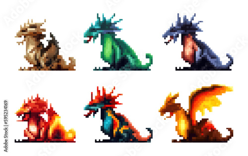 set vector pixel illustration of colorful magic cute dragons isolate on white background