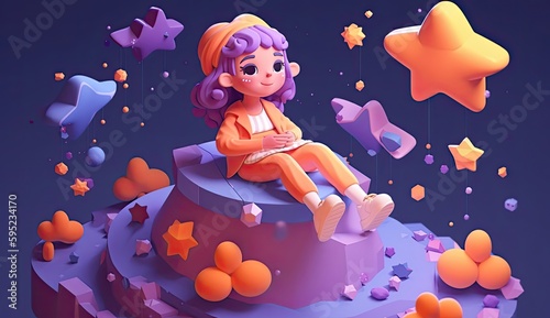 Kid child girl dreaming and sitting in space and future. Generative AI
