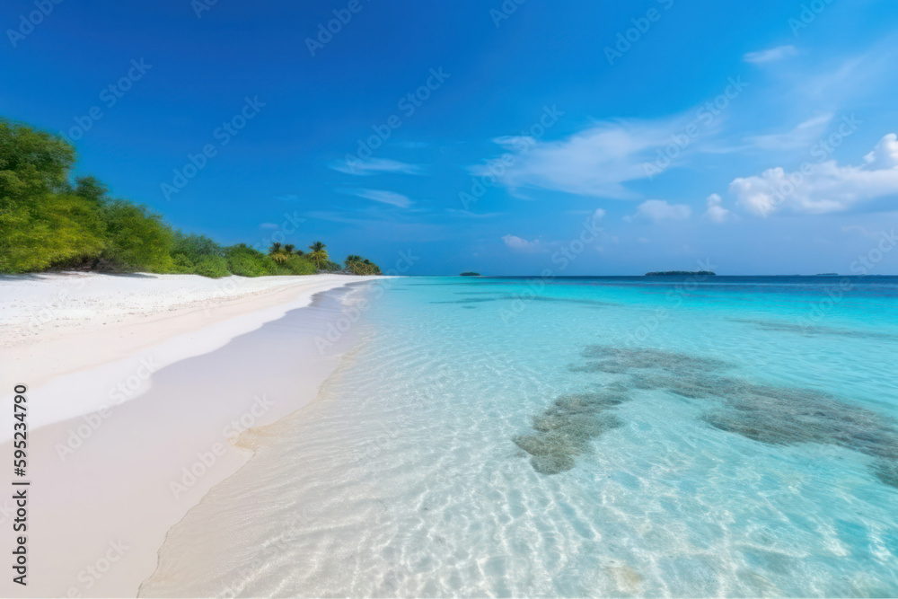 Beautiful white sand beach, turquoise ocean and blue sky with clouds on a sunny day. Summer tropical landscape, panoramic view.Generative AI
