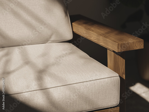 Fototapeta Naklejka Na Ścianę i Meble -  Close up of 3d modern fabric and wooden chair in the dark room with sunlight and shadow. 3d interior illustration.