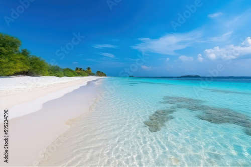 Beautiful white sand beach, turquoise ocean and blue sky with clouds on a sunny day. Summer tropical landscape, panoramic view.Generative AI © Margo_Alexa