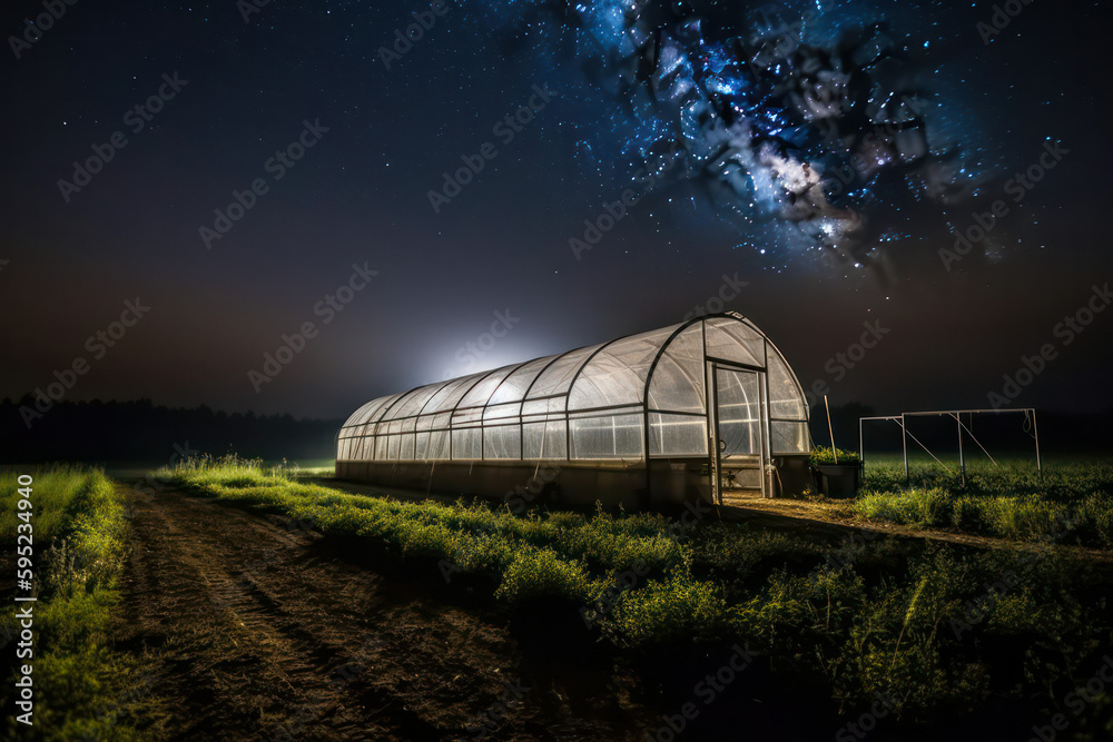 indoor greenhouse on a farm field during the night . Generative AI indoor greenhouse on a farm field during the night . Generative AI