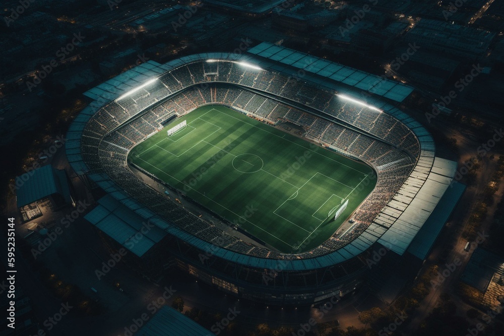 Bird's eye view of a soccer field, soccer stadium, and football stadium