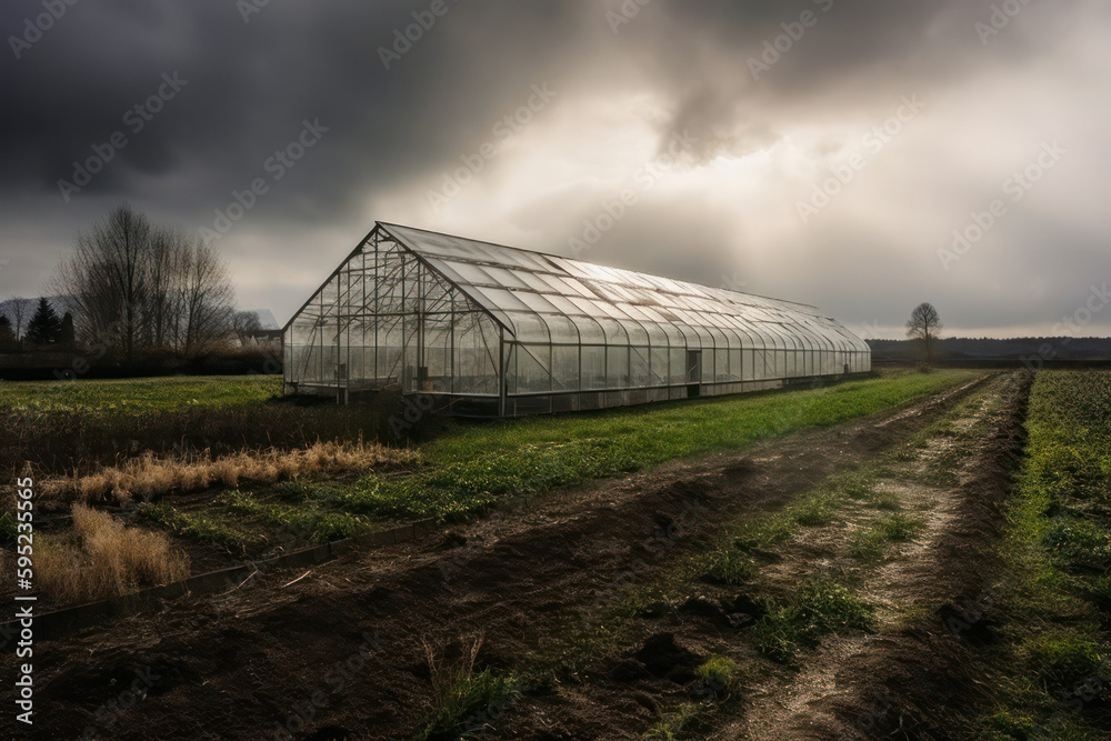 indoor greenhouse on a farm field during the day in rainy weather. Generative AI