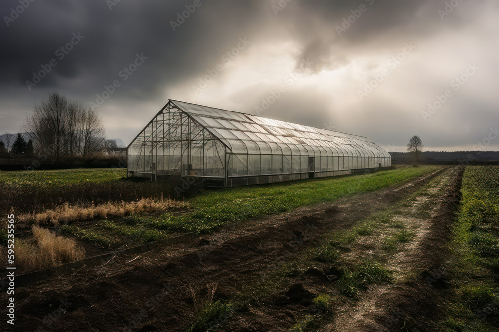 indoor greenhouse on a farm field during the day in rainy weather. Generative AI indoor greenhouse on a farm field during the day in rainy weather. Generative AI