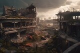 Post-alien invasion ruins of a city in a war-torn landscape. Generative AI