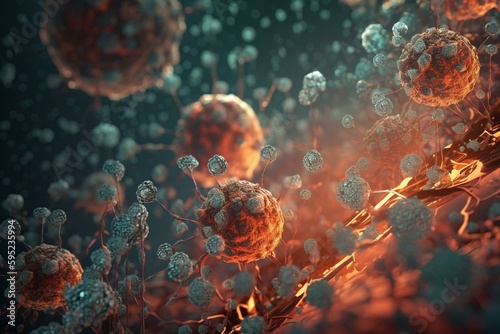 3D medical backdrop featuring abstract measles virus cells. Generative AI