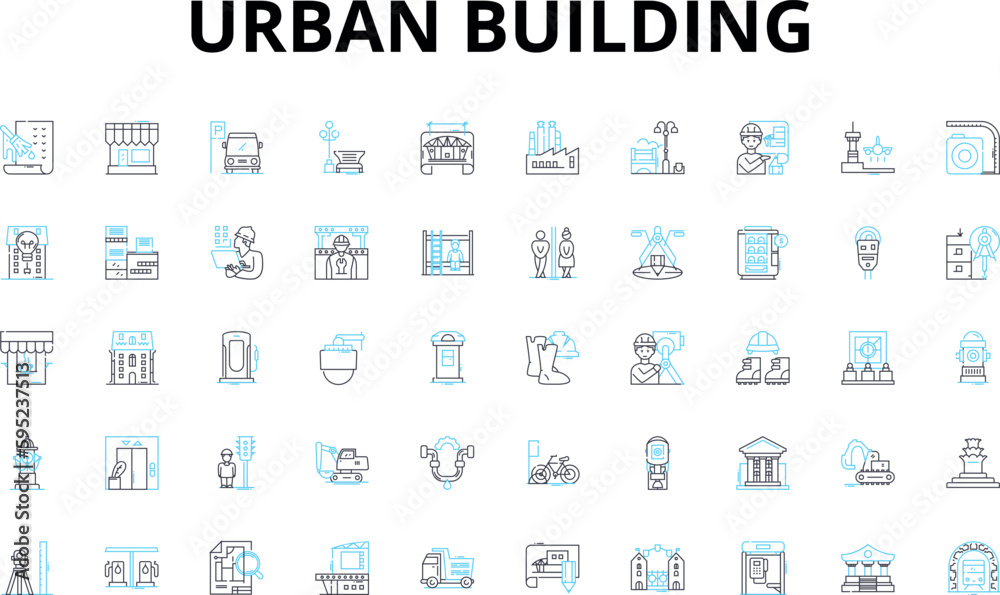 Urban building linear icons set. Skyscraper, Tower, High-rise, Condominium, Apartment, Loft, Penthouse vector symbols and line concept signs. Office,Retail,Mixed-use illustration