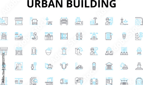Urban building linear icons set. Skyscraper, Tower, High-rise, Condominium, Apartment, Loft, Penthouse vector symbols and line concept signs. Office,Retail,Mixed-use illustration
