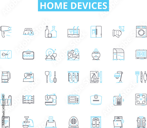 Home devices linear icons set. Smart, Automation, Security, Efficiency, Connected, Convenience, Energy-saving line vector and concept signs. Comfort,Innovative,User-friendly outline illustrations