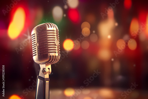 Old microphone. Classic microphone. generative ai, Retro style microphone on a stand up comedy stage. Shimmering blurred light background.