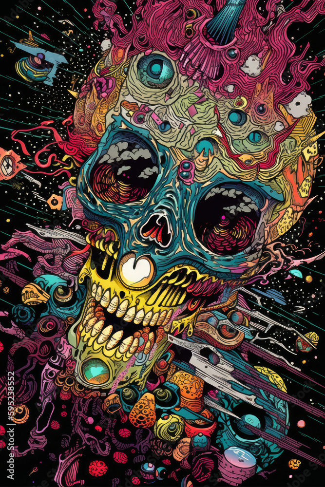Surreal crazy horror skull background illustration - Generative AI