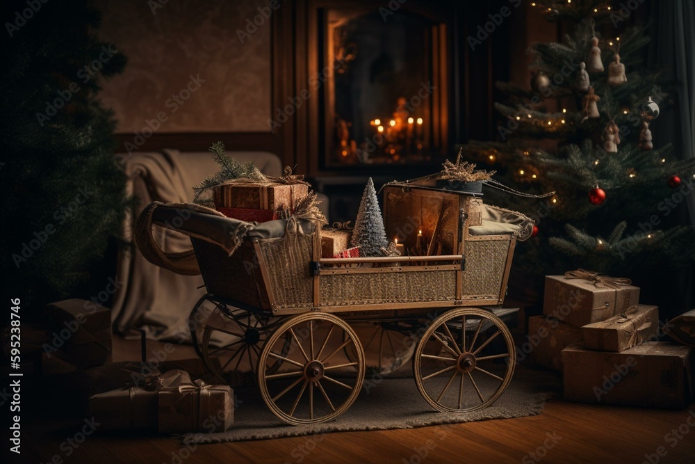 Vintage sleigh with Christmas gifts and tree. Generative AI