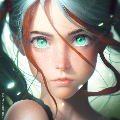 An animated girl with green hair and green eyes looking into your soul AI