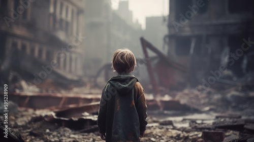 Little boy on the background of the ruined city. Generated by a neural network