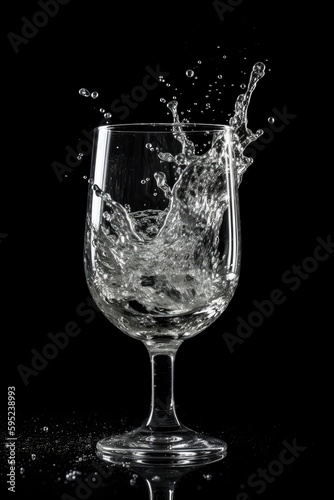 Glass of splashing water in front of a black studio background created using generative AI tools