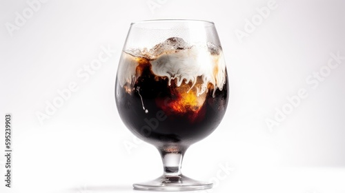 Rum and coke ice cream in a glass with rum and coke drizzle on White Background with copy space for your text created with generative AI technology
