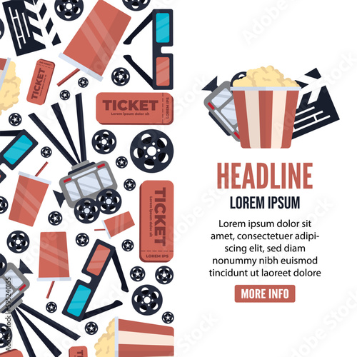 movie house, cinema, filmmaking, vertical baner. popcorn bucket, drink, movie camera, ticket, 3d glasses, videotape, movie clapper. vector flat simple cartoon film industry items.
