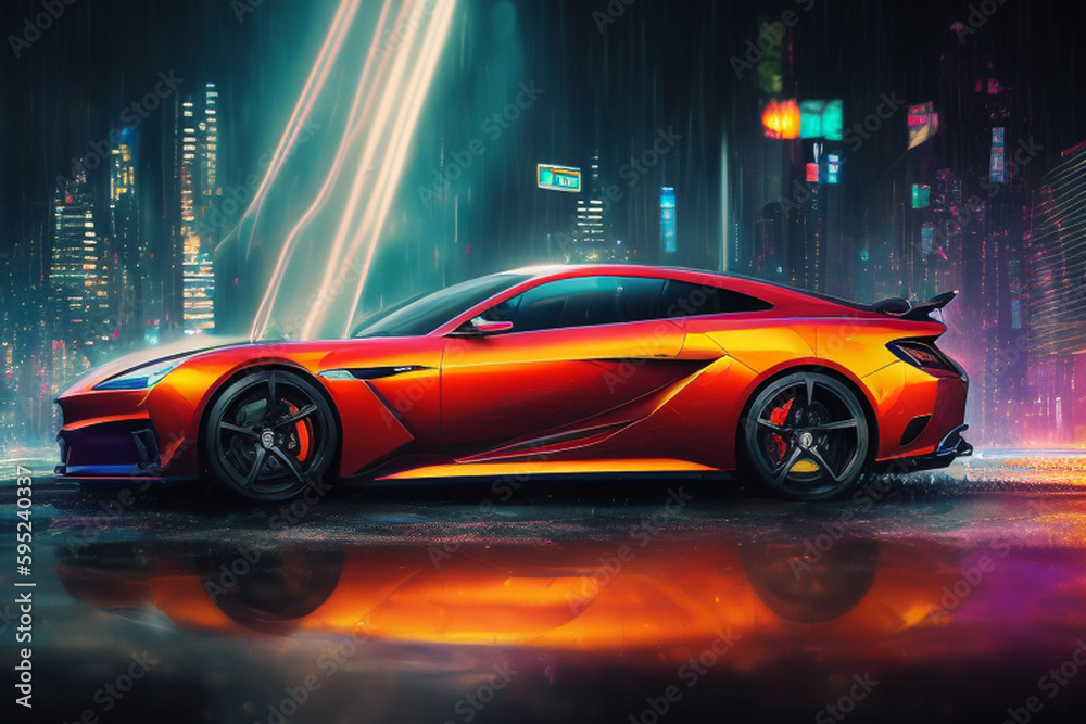 3D rendering of an unbranded concept car against the backdrop of a colorful city. AI generated