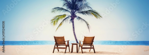 Two beach chair on beautiful tropical beach. Travel paradise concept. Generative AI