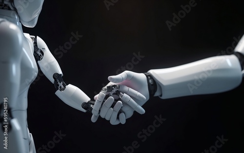 Handshake between two robots. Generative AI technology.