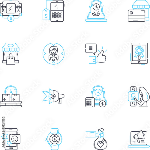 Display ads linear icons set. Advertising, Promotion, Banners, Images, Graphics, Communication, Marketing line vector and concept signs. Branding,Impression,Click outline illustrations