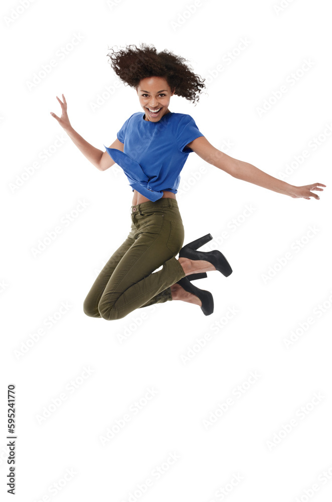 © Harsh/peopleimages.com - Jump, freedom and happy woman in portrait isolated on transparent, png background for fashion, success and winning. Winner, biracial person or model celebration jumping, excited and energy for sale © Harsh/peopleimages.com - Jump, freedom and happy woman in portrait isolated on transparent, png background for fashion, success and winning. Winner, biracial person or model celebration jumping, excited and energy for sale