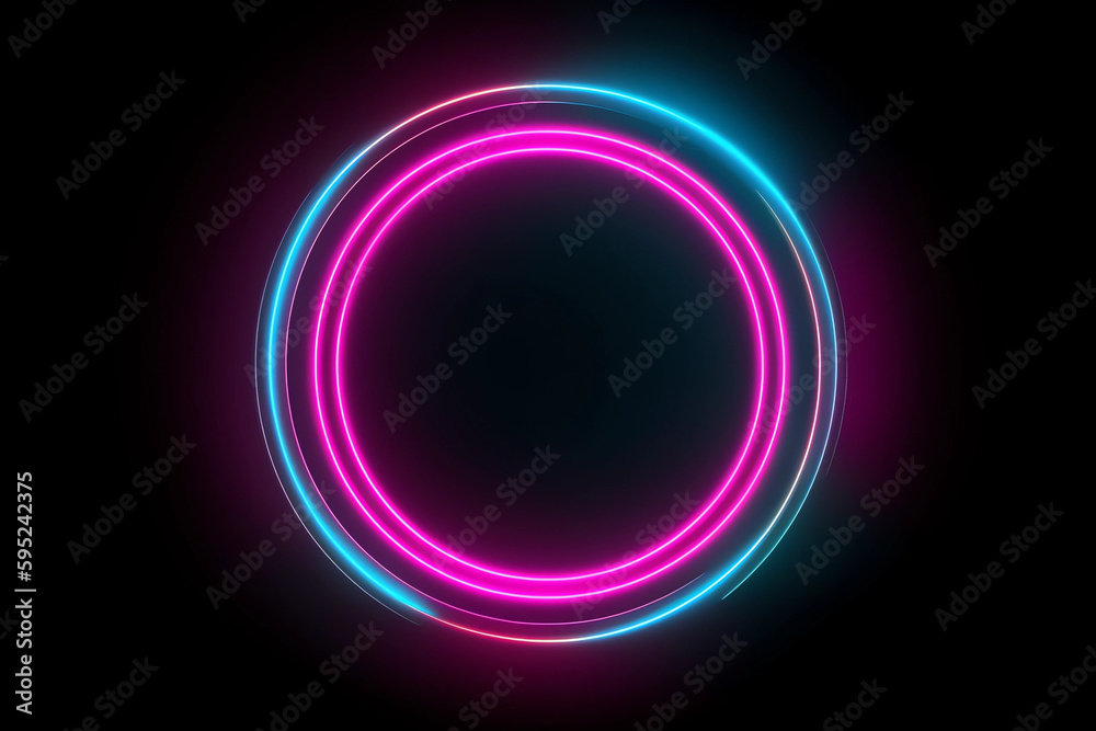 3d render, abstract neon background with fluorescent ring, blank round frame. generative ai. Simple geometric shape. Laser line glowing with pink blue light