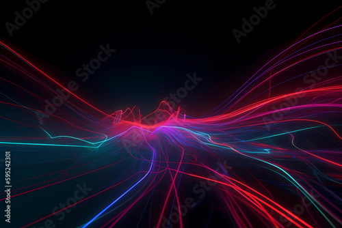3d rendering, abstract background of red blue lines colorful neon wavy line glowing in the dark. generative ai. Modern simple wallpaper. 