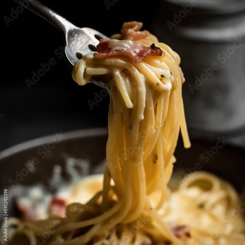 Appetizing spaghetti rolled on fork with typical Italian sauce, Generative AI. High quality photo