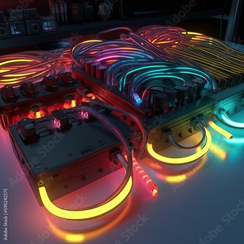 Digital data cable connection. Desktop, server, cyberpunk concept. Colorful neon plastic wires connected to computer supply inside . Red, yellow, green, blue lights. AI generative art photo