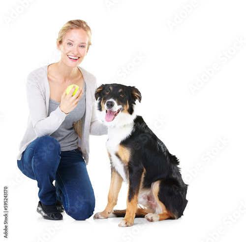 Photography Happy, portrait and woman with dog and tennis ball playing on isolated, transparent and png background
