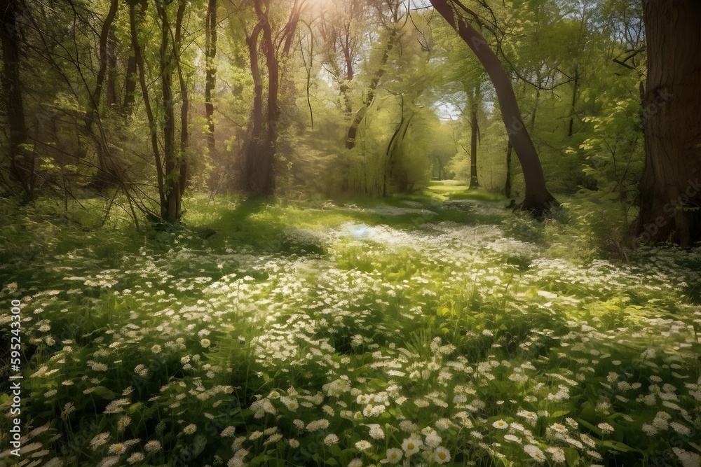 Fototapeta premium Forest glade with lots of white spring flowers and butterflies on a sunny day