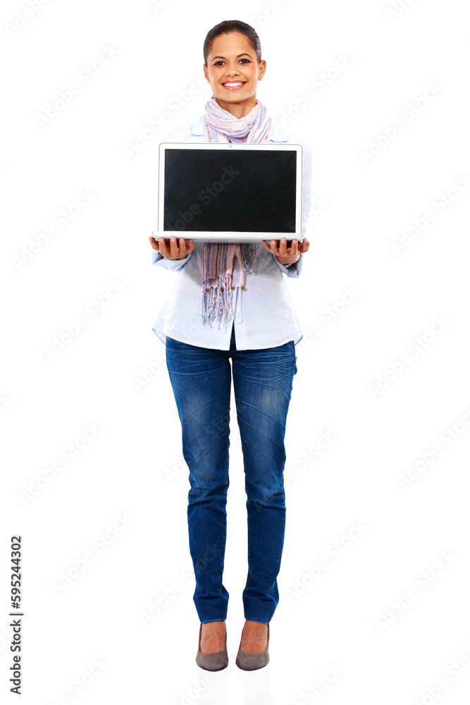 Isolated woman, portrait and laptop with mockup screen, blank and happy by transparent png background. Girl, model or student with computer mock up, social network or promotion for online studying Isolated woman, portrait and laptop with mockup screen, blank and happy by transparent png background. Girl, model or student with computer mock up, social network or promotion for online studying