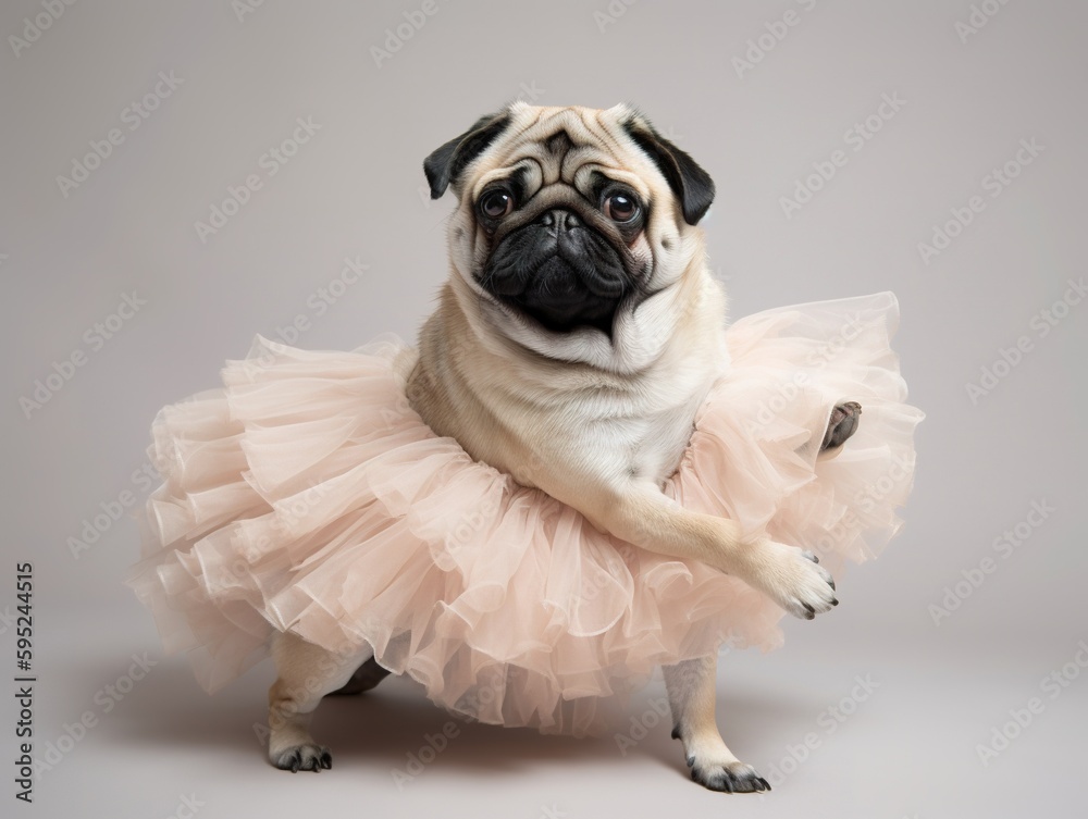 Cute Pug Ballet Dancer with Ballet Dress Created with Generative AI