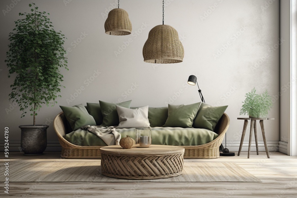 Mockup of a traditional living room with gray sofa, green pillows