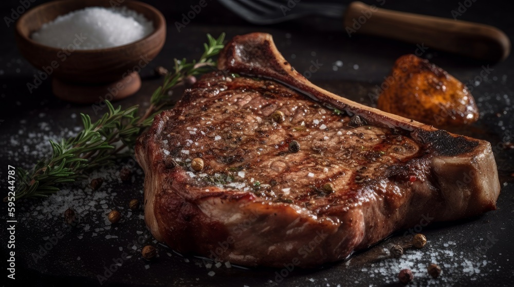 Grilled beef steak with salt and pepper on black background. Grilled striploin sliced steak. Juicy thick grilled beef steak seasoned BBQ. AI Grilled beef steak with salt and pepper on black background. Grilled striploin sliced steak. Juicy thick grilled beef steak seasoned BBQ. AI