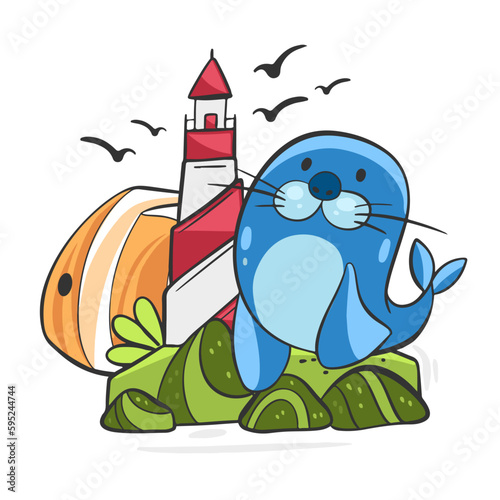 Vector illustration of a collage on a marine theme, a lighthouse and a seal in a cartoon style.