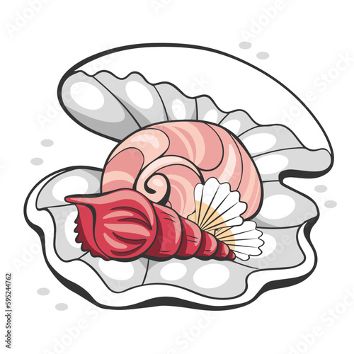 Vector illustration of seashells, seashells cones, shell with pearls on the seabed in cartoon style.