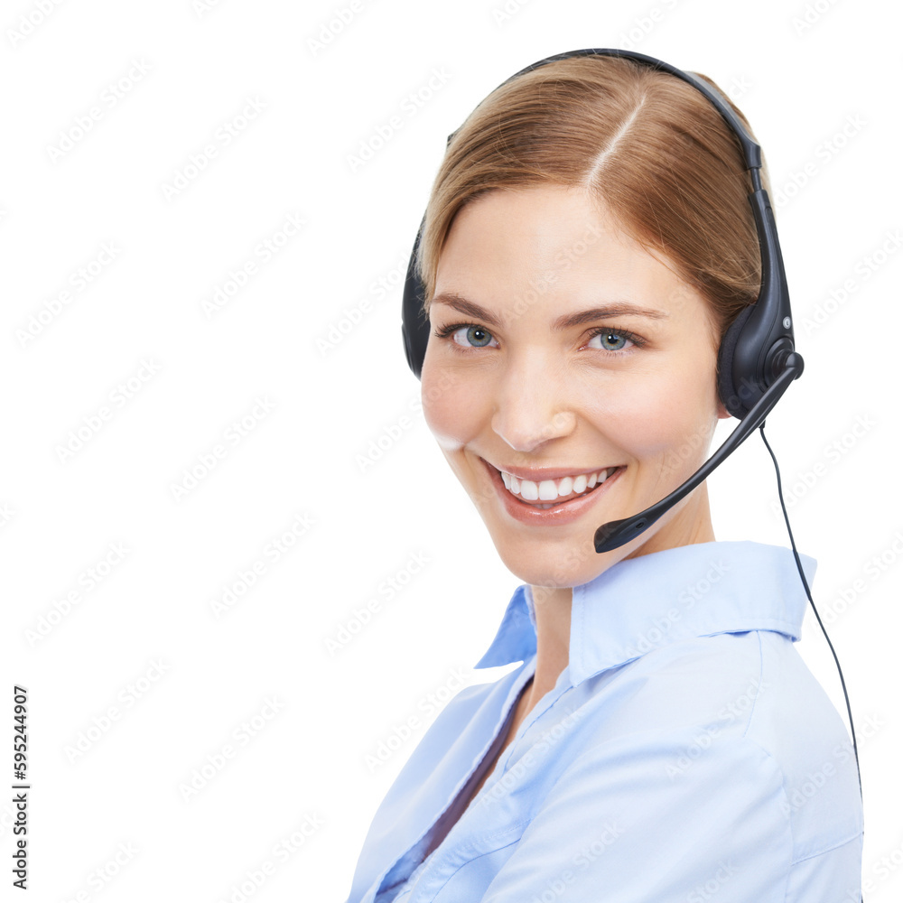 Call center, smile and face portrait of a woman with a headset for customer service. Female support agent, telemarketing consultant and sales or telecom worker isolated on transparent, png background Call center, smile and face portrait of a woman with a headset for customer service. Female support agent, telemarketing consultant and sales or telecom worker isolated on transparent, png background
