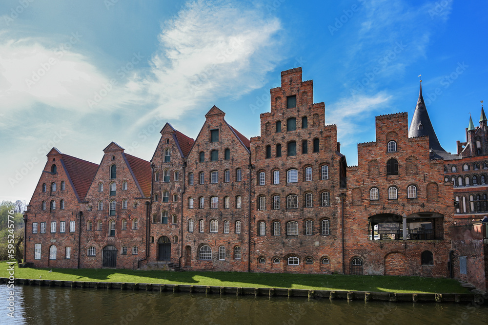 Salzspeicher (salt storehouses), of Lubeck, Germany, historic brick buildings on the  Trave River, landmark, tourist attraction and famous travel destination