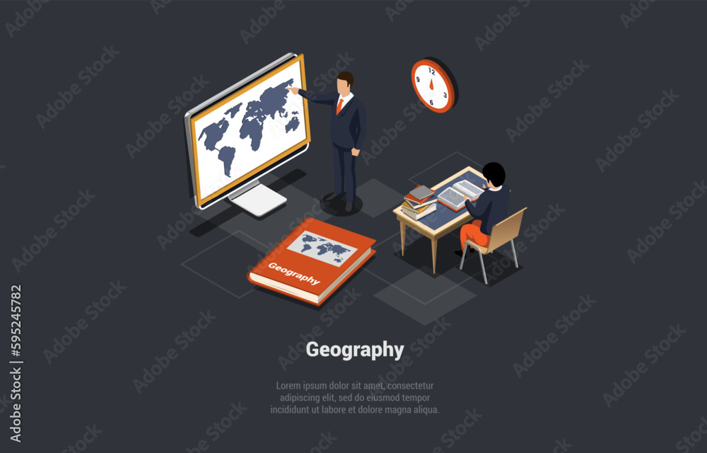 Geography Studying, Subject, Education And Science Concept. Male Character Teacher Stand At The Blackboard With World Map Near near Large Geography Textbook. Isometric 3d Cartoon Vector Illustration