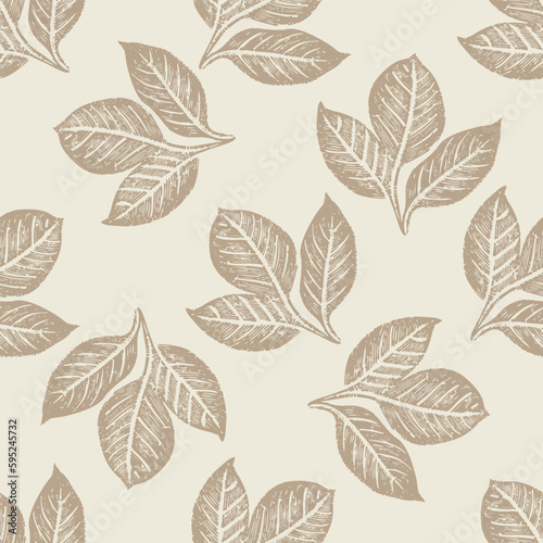 Hand carved botanical leaf in lino cut scandi style seamless vector pattern. Rustic foliate graphic design background. 