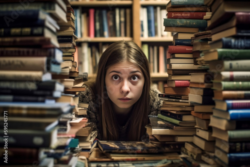 A desperate looking girl completely surrounded by books in library, messy hair, bookworm student, generative ai photo