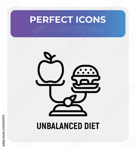 Unbalanced diet: scales with hamburger and apple. Unhealthy food. Vector illustration.