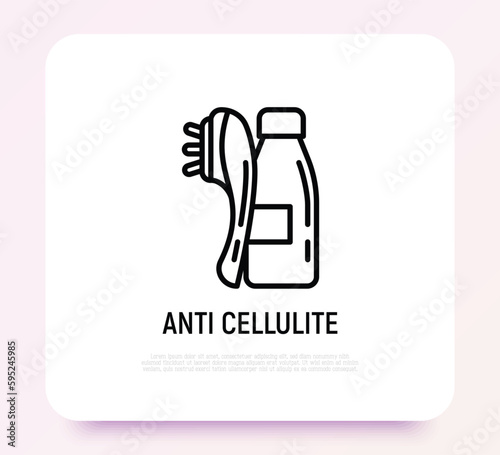 Anti cellulite treatments thin line icon: body massager and body oil in glass bottle. Modern vector illustration for beauty shop.