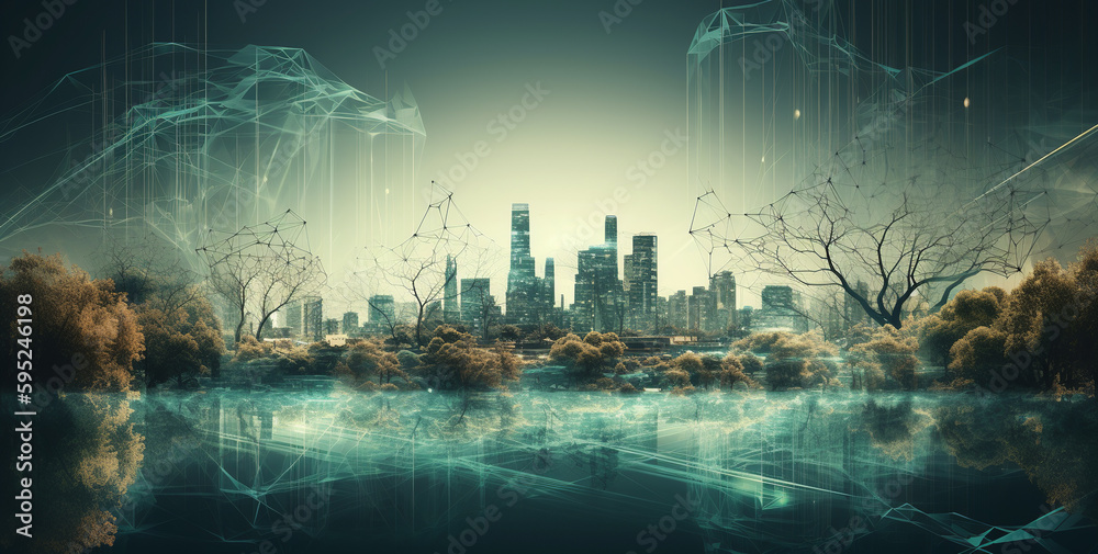 Obraz premium Modern city with diffused wireless network connection and cityscape concept. Generative AI