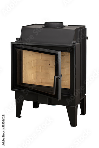 Modern fireplaces for heating from metal and heat-resistant glass. Boiler for solid fuel isolated on white background.