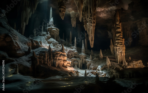 The breathtaking world of luminous caves filled with stalactites and stalagmites. Generative AI photo