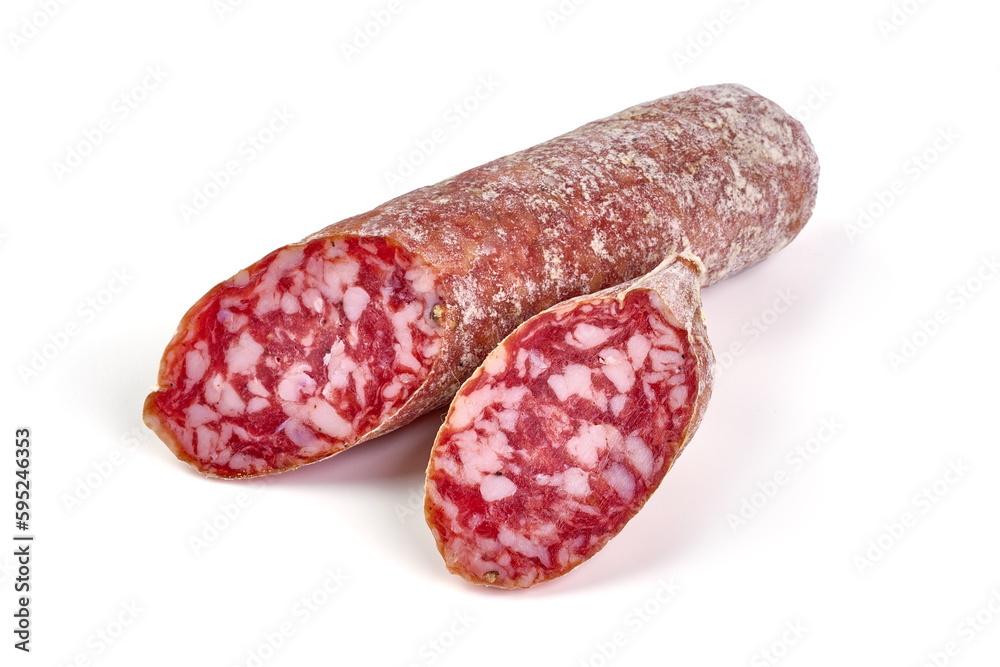 Italian salami with mold, isolated on white background. Italian salami with mold, isolated on white background.
